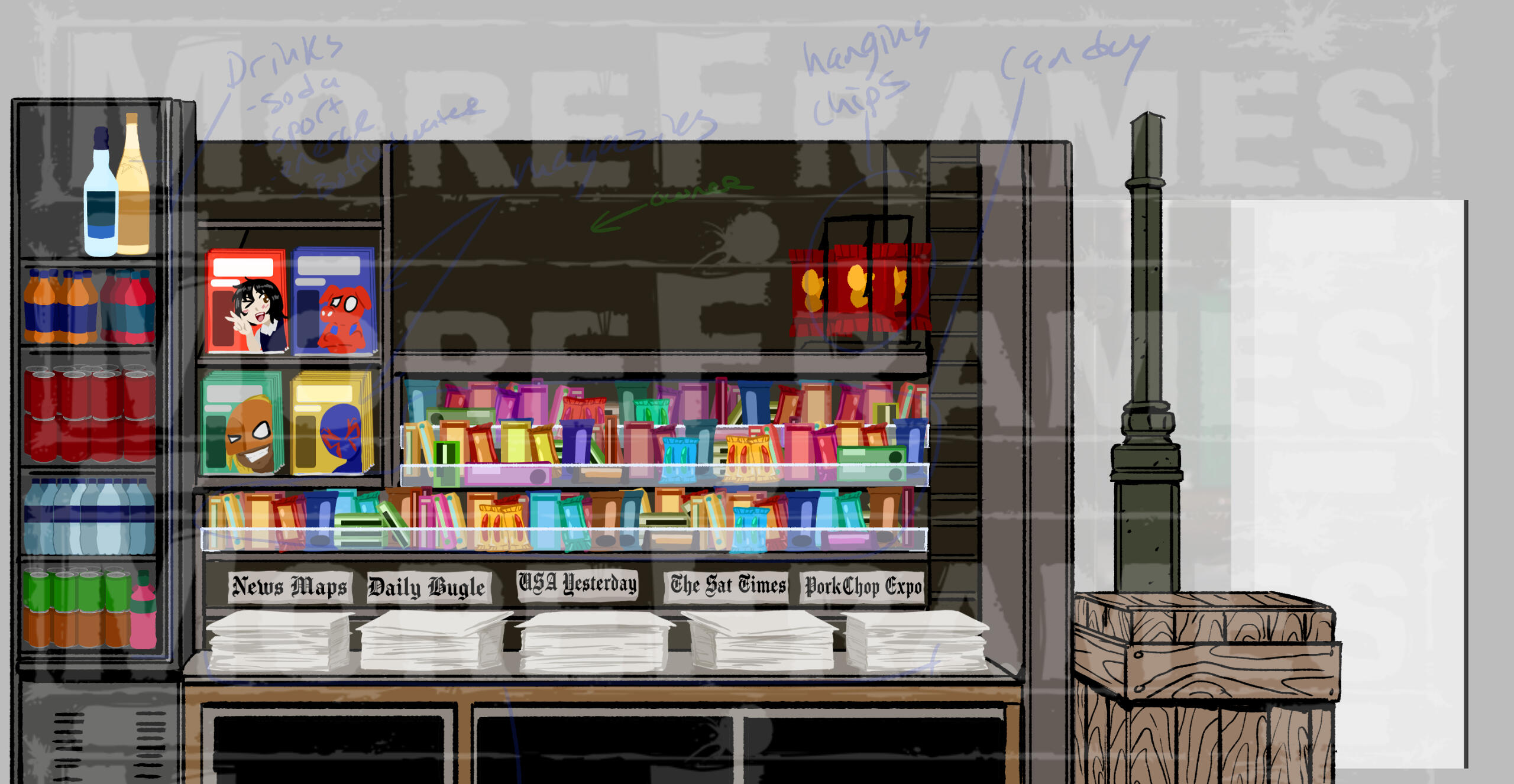 News Stand - Illustration by MoreFrames Studio - Coloring and stand assets (candy, drinks newspapers, magazines) by myself